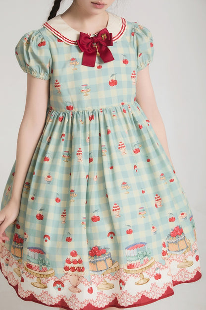 ミントグリーンのハイウエストチェリー＆デザートプリントのスイートロリータギンガムドレス