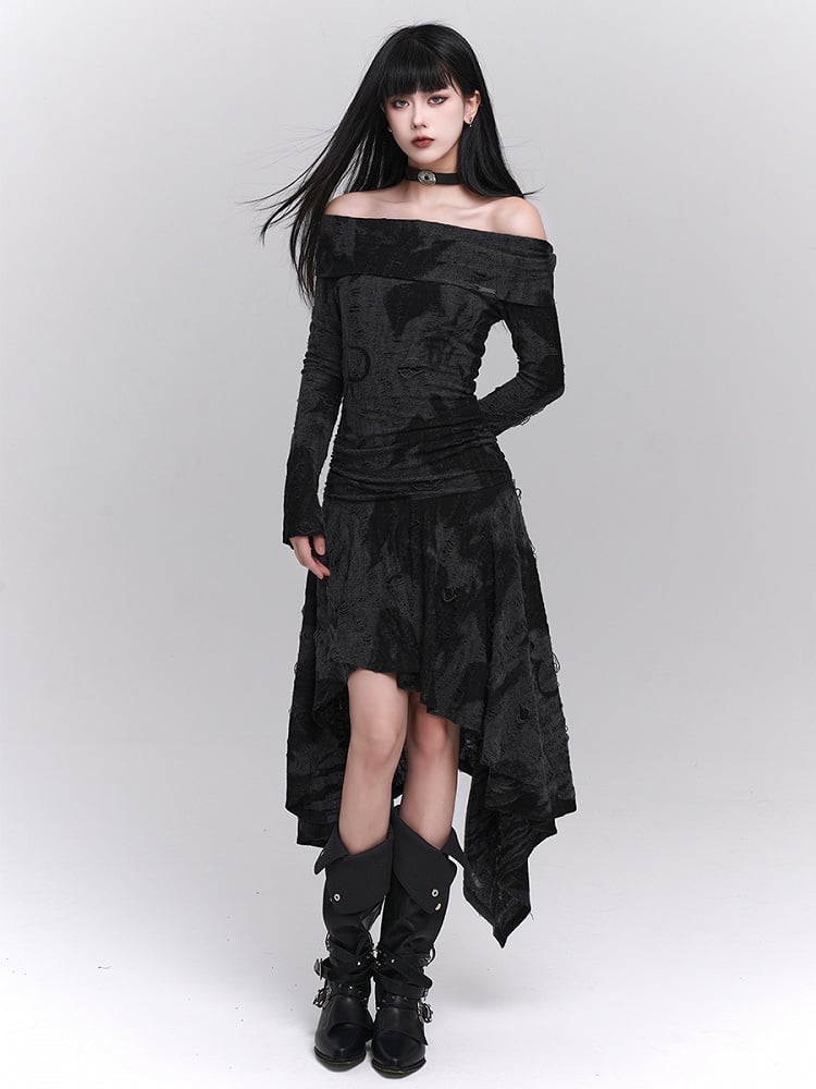 Hem Black Off-Shoulder with Bell Sleeves Dress Gothic Asymmetric Gray