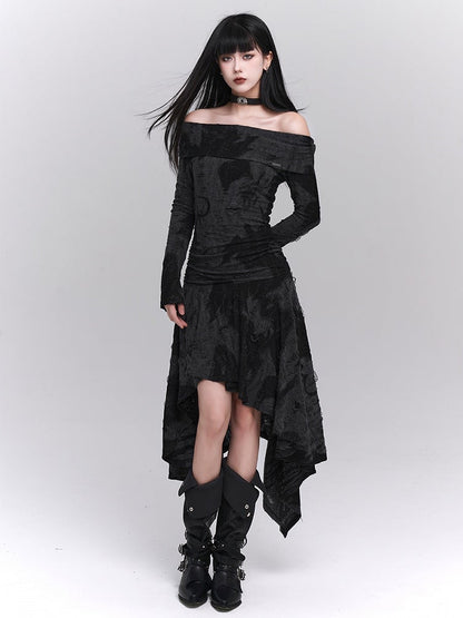Hem Black Off-Shoulder with Bell Sleeves Dress Gothic Asymmetric Gray