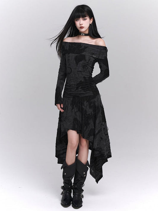 Hem Black Off-Shoulder with Bell Sleeves Dress Gothic Asymmetric Gray