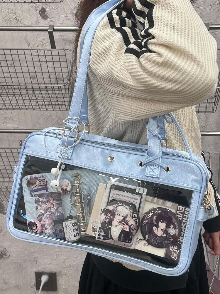 Kawaii Light Blue Satin Ita Bag with Lace-up Bowknot and Heart Buckle - Morning Glory