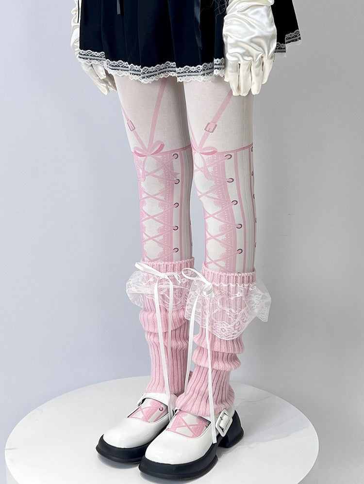 Print Sweet White Lace-up Tights Lolita