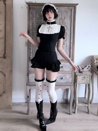 Gothic Black and White Cross-Decorated Ruffle Short Sleeve Top - Damn Girl