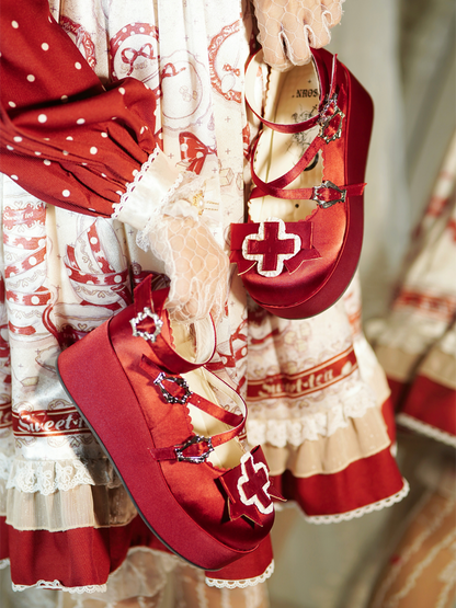 Heel 6cm Red Shoes Straps Gothic Balletcore Criss-cross Buckle Chunky Platform Satin