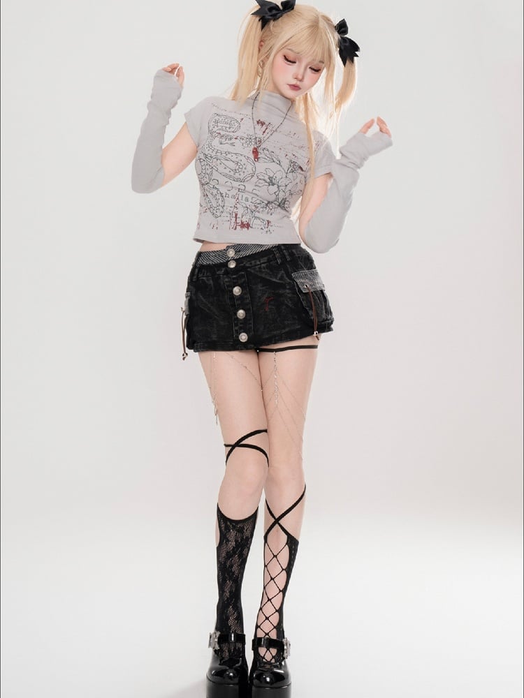 エッジの効いたY2Kカワイイスネーク柄ブラック/ライトグレーTシャツ（袖取り外し可能）