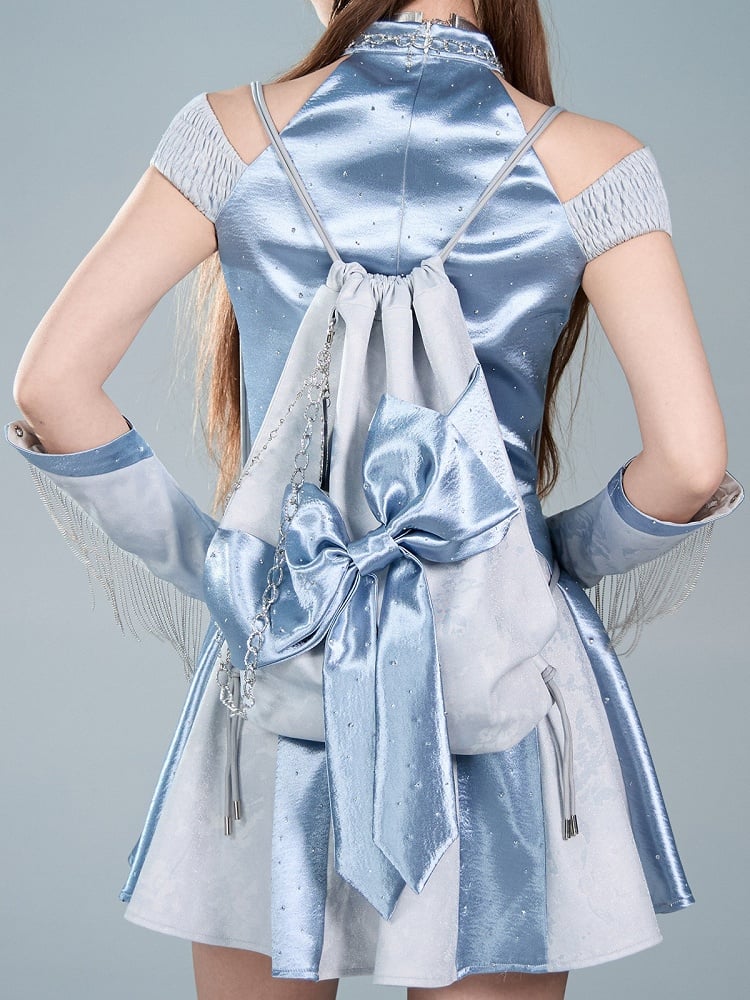 Blue Y2K Satin Bow Drawstring Doulder Shoulder Bag with Rhinestone Decoration - Virtual Orbit