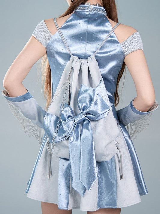 Blue Y2K Satin Bow Drawstring Doulder Shoulder Bag with Rhinestone Decoration - Virtual Orbit