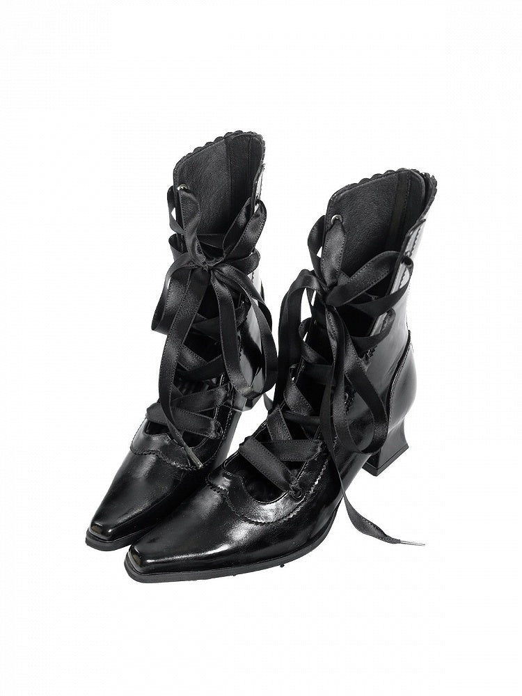 Polished Gothic Pointed-Toe Boots, Lace-Up & Back Zip, Black - EvilStar