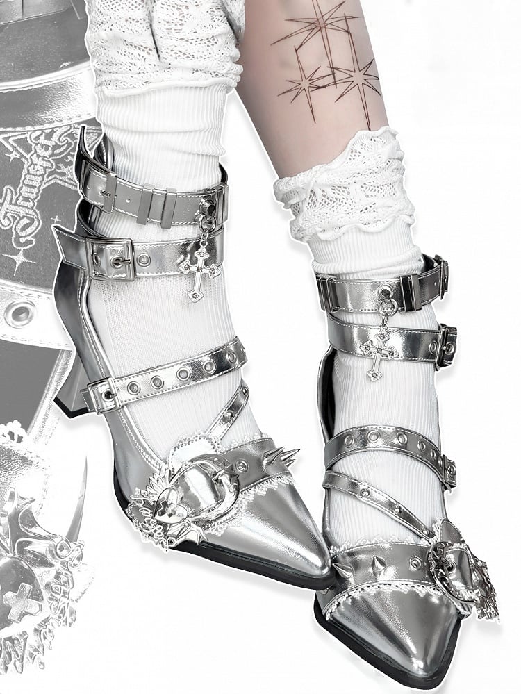 Stud Pointed High Heart Gothic - Toe Silver Heels Detailing Cone Buckle