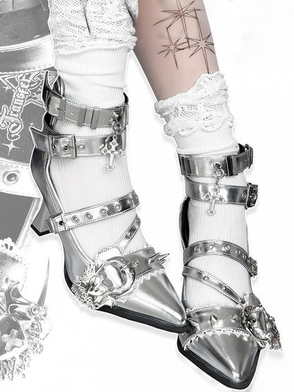 Stud Pointed High Heart Gothic - Toe Silver Heels Detailing Cone Buckle