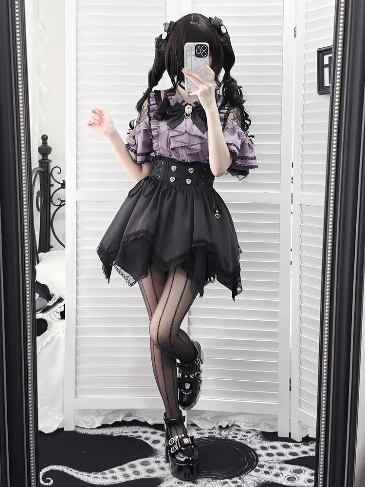 Black High-Waist Asymmetrical Hem Lace Trim Skirt - Dream Core Waves