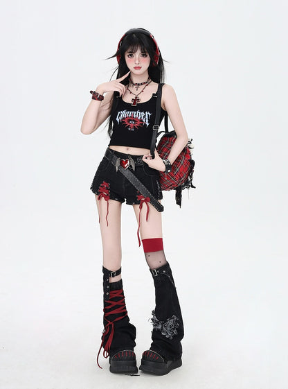 with Black Butterfly Applique Warmers and Red Lace-up Details Hem Denim Shorts Leg