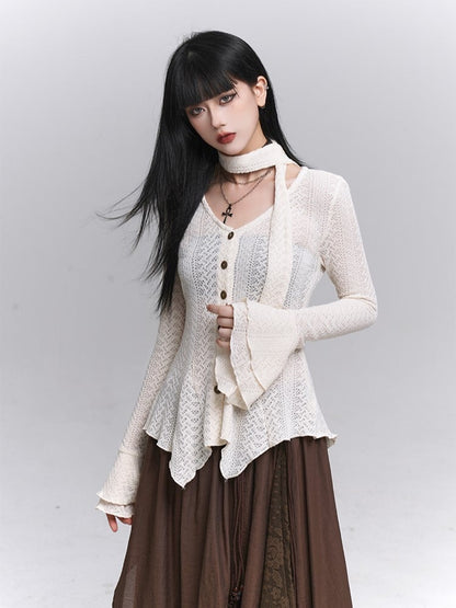 Irregular Cardigan Strap Knit Neck Gothic Apricot Button-Down Hem with