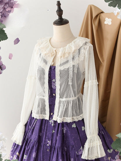 長袖ドット柄クリーミートップチュールシアー