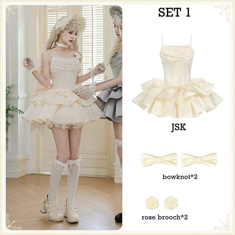 Kleid Lolita Beige Taille JSK Entbeint Wasserfallausschnitt Set Spaghettiträger Voll Elegant