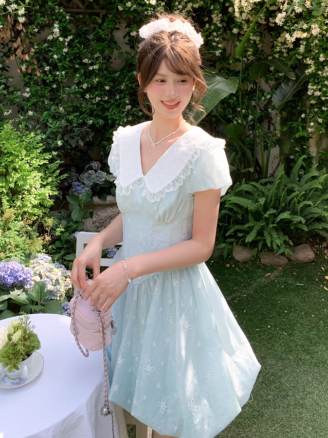 Bubble Blue Peter Pan Kragen Basken-Taille Allover Schmetterling Stickerei Rock Kleid