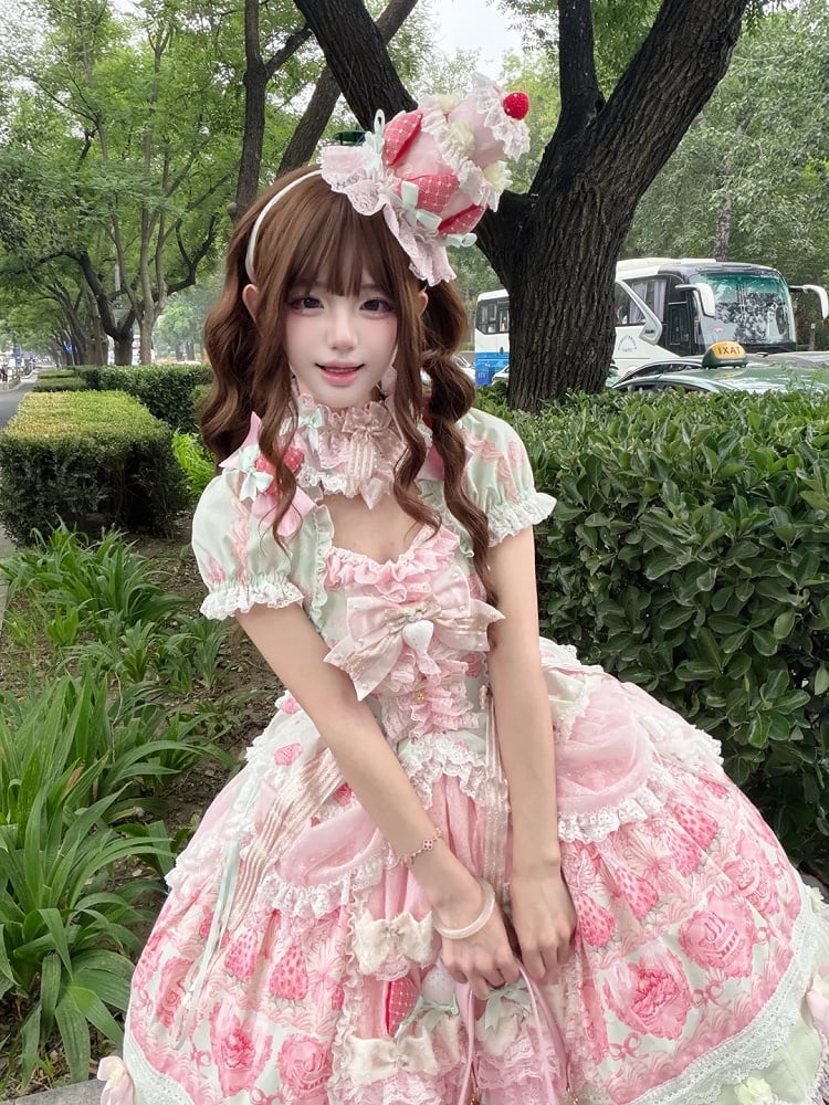 Green & Pink Strawberry Cake Print Bell Sleeve Lolita Dress - Ball Lolita