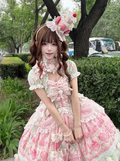 Green & Pink Strawberry Cake Print Bell Sleeve Lolita Dress - Ball Lolita