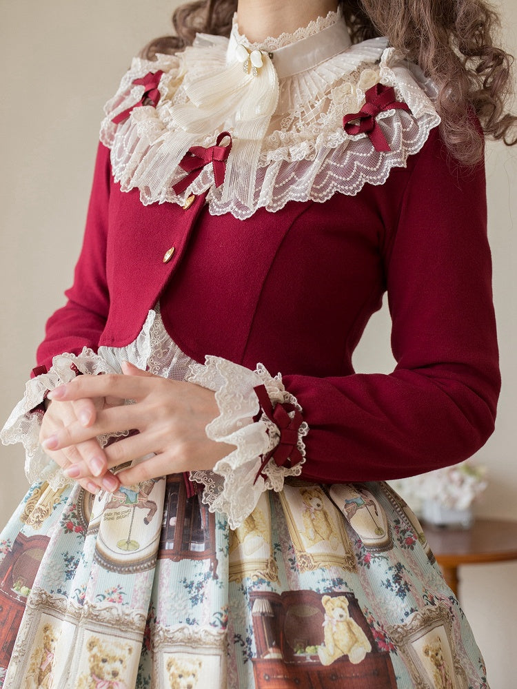 Weihnachts-Cropped Vibes Cardigan mit Spitzenschleife in Rot