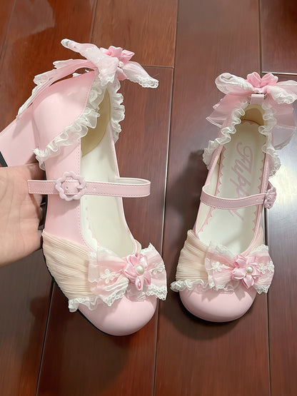 Pink Cherry Flower Heel Sweet Lolita Shoes with Bow - XIN MENG