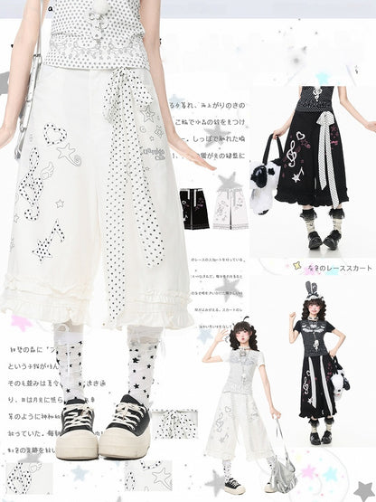 White Musical Note Cropped Wide-Leg Pants with Ruffle Hem - Languid Park