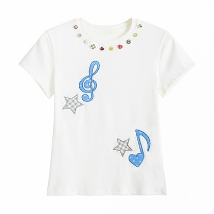 Kawaii White Slim Crewneck Tee with Music Note Embroidery and Button Accents - Languid Park