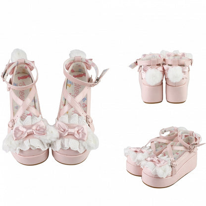 With Platforms Ear Bow Bunny Crisscross Decorated Pompon PinkWhite Design Plush Top at