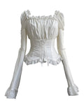White Bell Ruffle Blouse Long Elastic Neckline Trimmed Sleeves