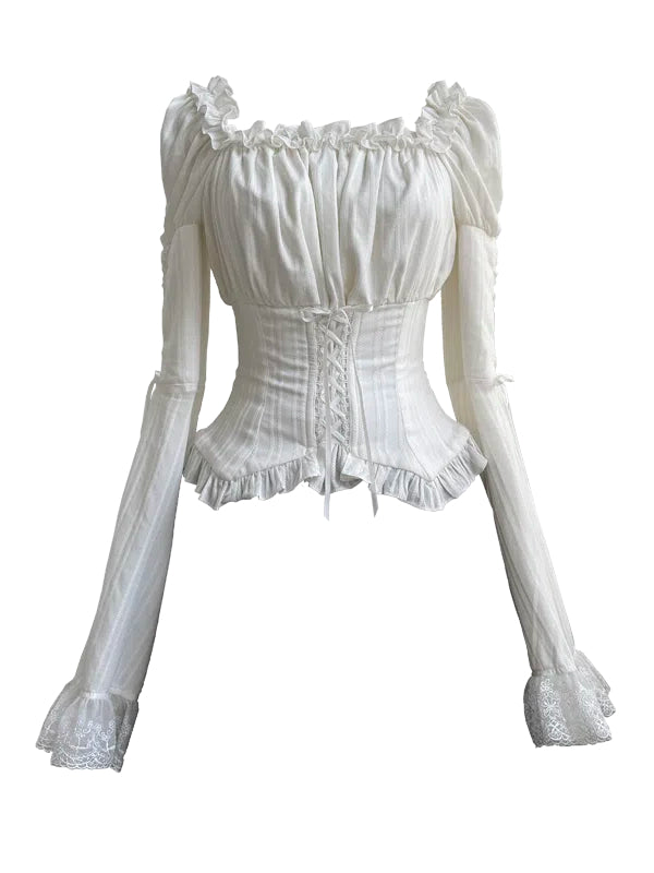 White Bell Ruffle Blouse Long Elastic Neckline Trimmed Sleeves