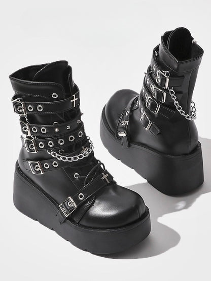 with Matte Gothic Platform Boots - Details Mid-Calf Black Charm Closure Buckle Lace-Up Cross and Chain