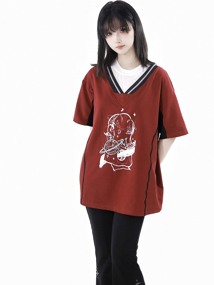 Two-pieces Neck Blue/Red Round Faux Light Graphic T-Shirt