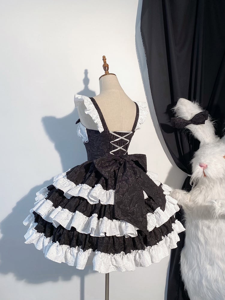 with Waist Tiered White Cute JSK Ruffle Bow Lolita Decorations Black and Boned