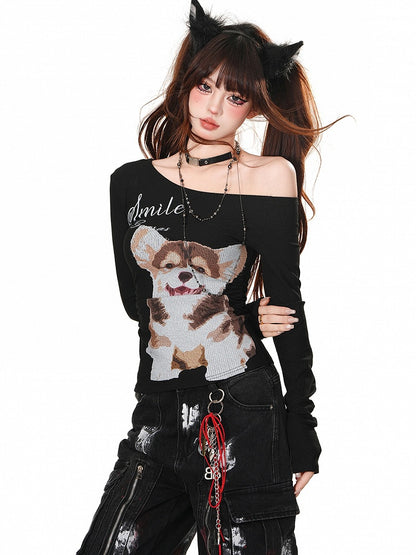 Schwarz/weißes Slim-Fit-Top mit asymmetrischem Ausschnitt und Welpen-Print