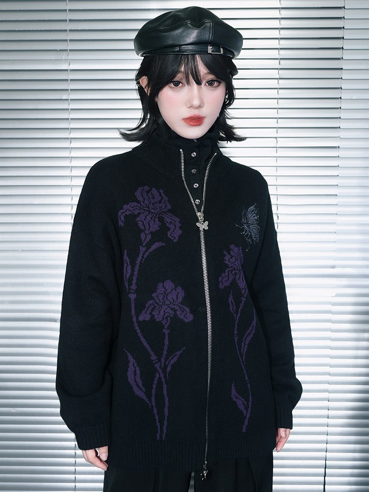 Iris Pattern Gothic Black Double Zipper Sweater Jacket - Quirky Hut