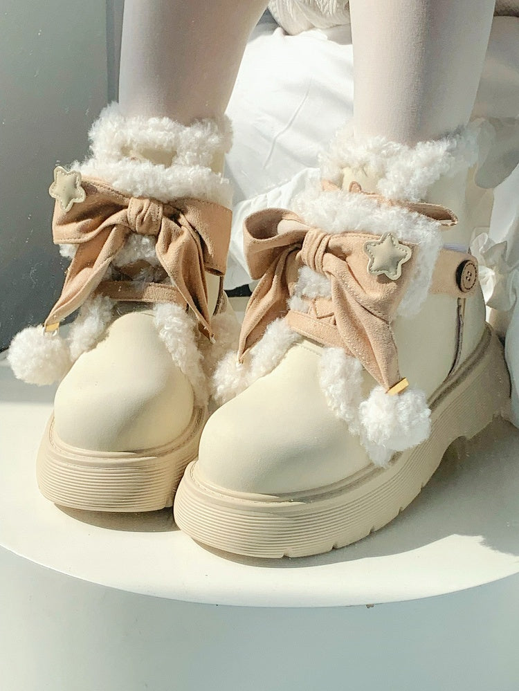 - Apricot Pompom 5.5cm Platform Fastening Lolita Bow Sweet Beige with Lining Ankle Boots Dual Plush