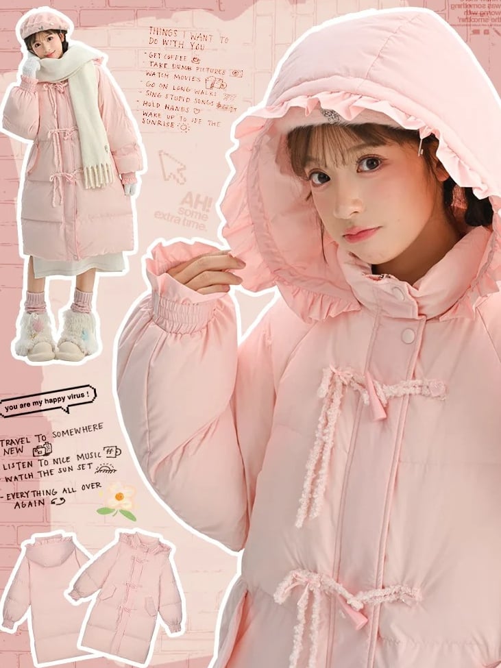 Rosa Daunenmantel mit Kapuze, Schleife und Horn-Knopf