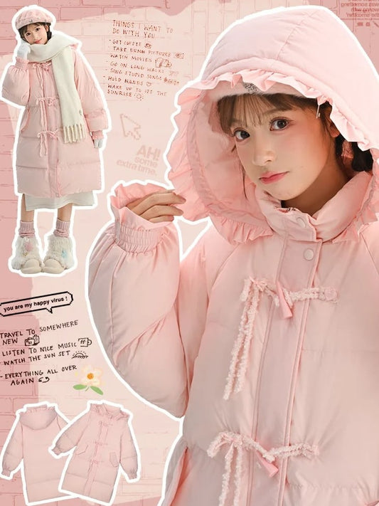 ピンクのフード付きダウン蝶結びホーン型ボタンコート