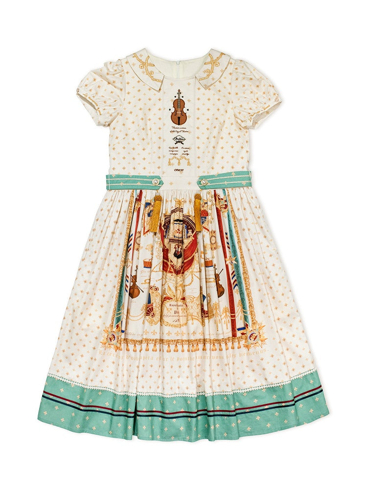 Long White Musical Print Peter Pan Collar OP Dress with Tassels - Crucis Universal Tailor Company