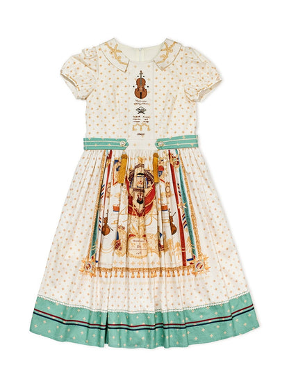 Long White Musical Print Peter Pan Collar OP Dress with Tassels - Crucis Universal Tailor Company