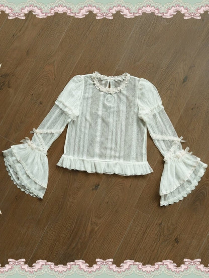 Bell Sleeves Beige Sheer Lace-Trimmed Blouse Lolita with