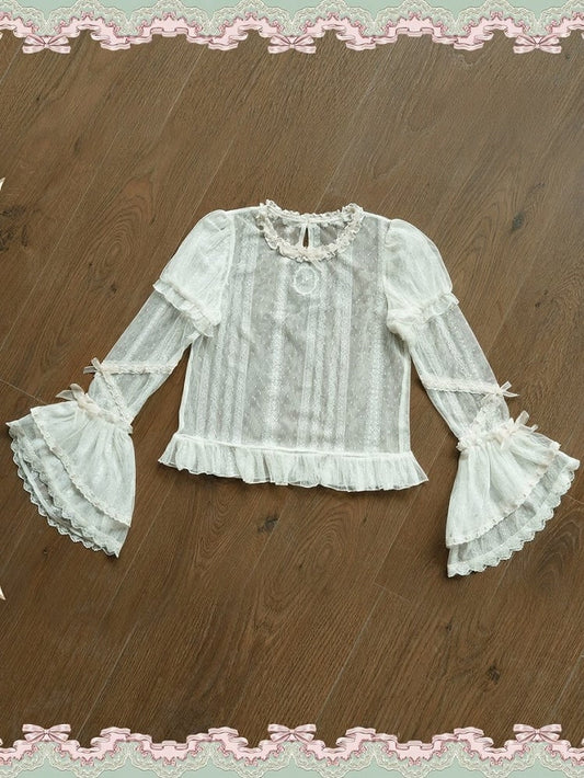Bell Sleeves Beige Sheer Lace-Trimmed Blouse Lolita with
