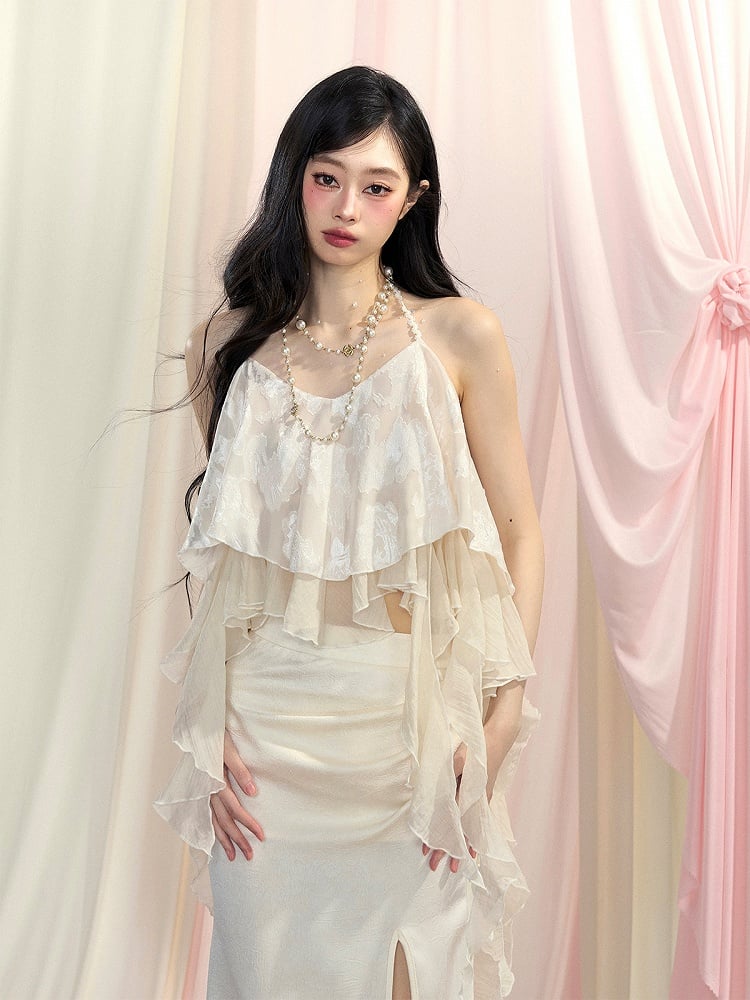 トップス/太もも丈スリットスカート アプリコット アシンメトリー フリル裾 ホルターネック シフォン