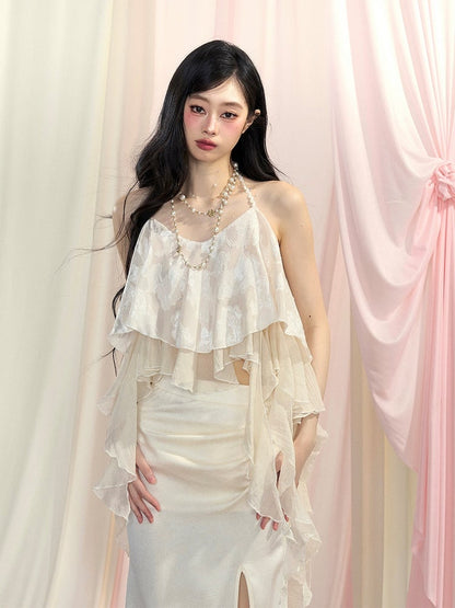 トップス/太もも丈スリットスカート アプリコット アシンメトリー フリル裾 ホルターネック シフォン