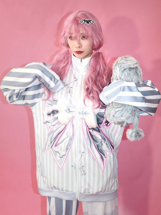 Pattern Striped Fashion Gyaru Gray Jacket Bow Bone Big Print