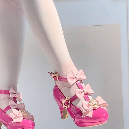 High with Lolita T-strap Red Hime Snap Heels Heart Design Rose