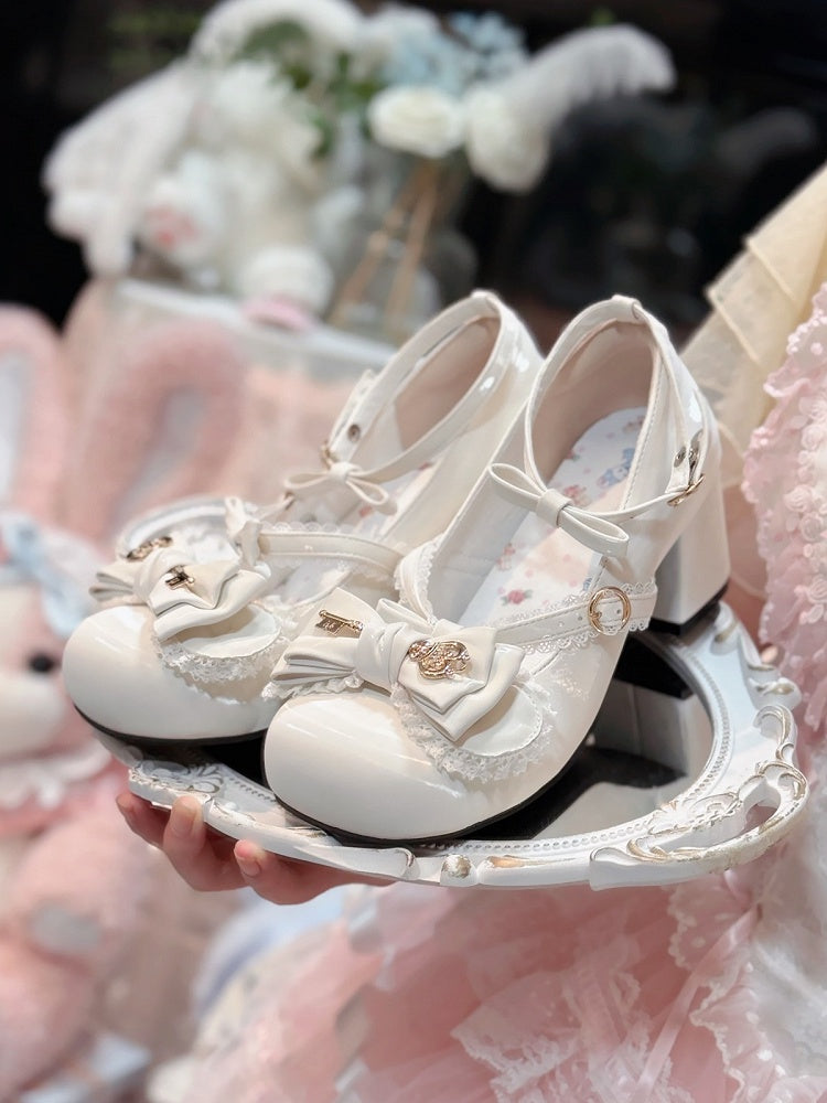 5 Colors Silk Shimmer Lolita Shoes 5cm Heel with Lace Trim Bow and Gold Key Details - Guligul