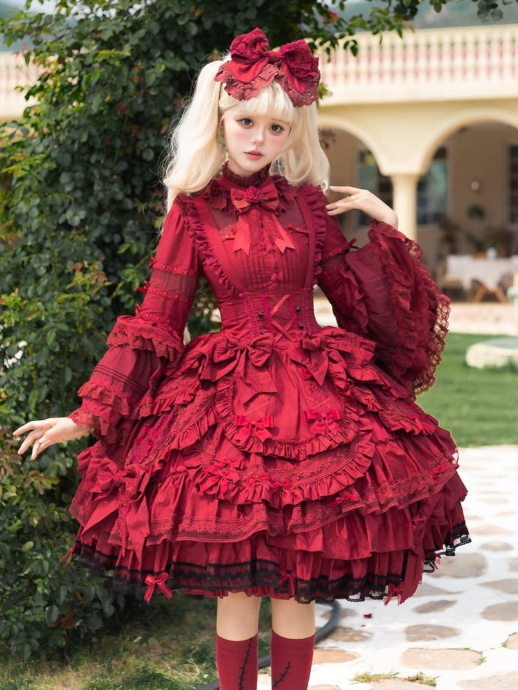 Layered Under Rüschenkleid Büste Wein Saum Schleife Gothic Akzente Lolita Rot mit