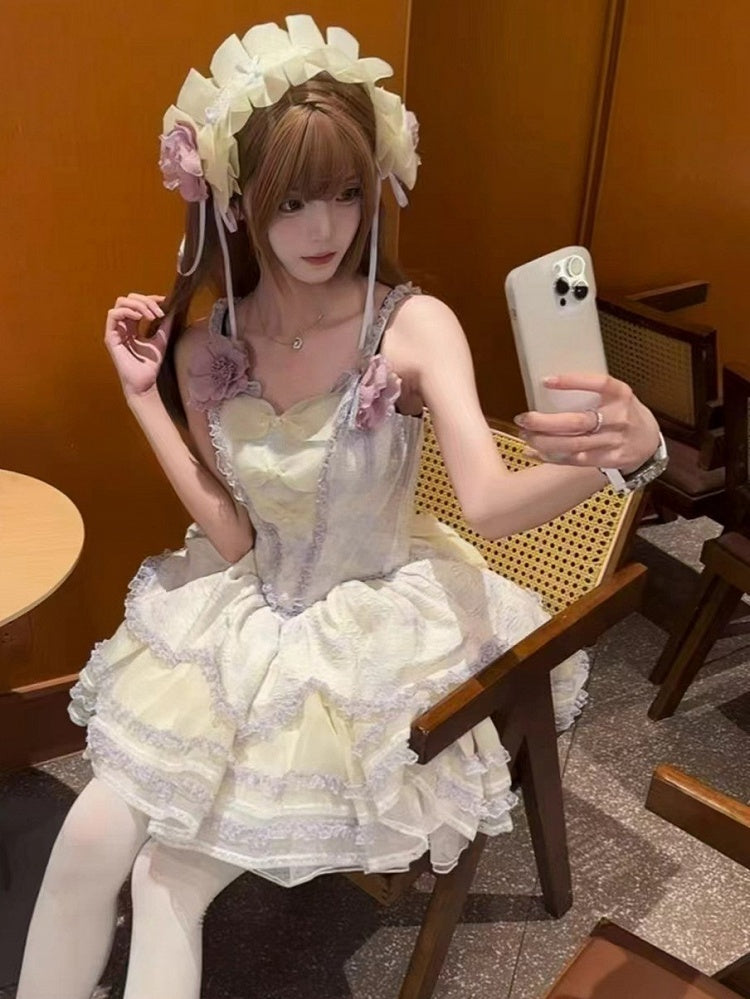 Lolita Layered Skirt Purple Floral-Print Trimmings and Princess Lace Jumper with Ruffles