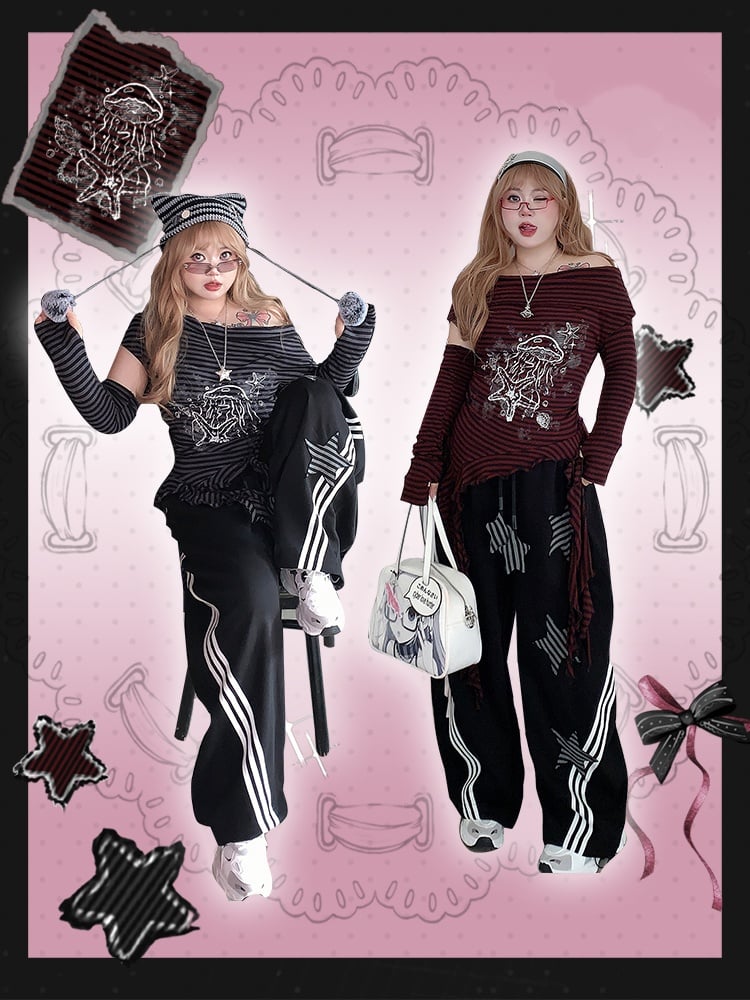 Size Black Wide-leg Casual Pants with Striped Star Appliques Plus Y2K