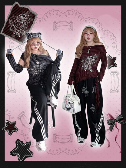Size Black Wide-leg Casual Pants with Striped Star Appliques Plus Y2K